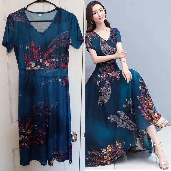 Dresses Aline Floral Maxi Dress Blue Maxi Peacock Feathers Print — free download